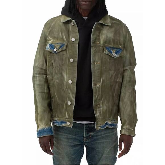 PURPLE BRAND Dirty Resin Coat Distressed Painted Denim Jacket Green Sz S {3U35} - Picture 1 of 7